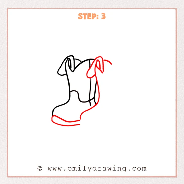how to draw a cowboy boots - Step 3 of how to draw cowboy boots adds a rounded toe, a second line for sole thickness, and a full back outline connecting the shaft to the heel.